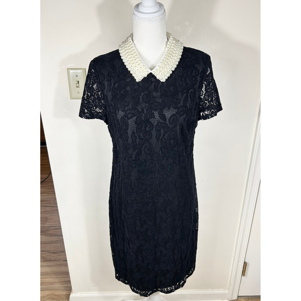 Betsey Johnson Lace Shift Dress 10 Black Pearl Peter Pan Collar Floral Twee Goth